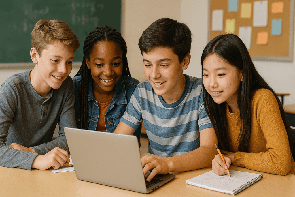 group of middle school students using AI